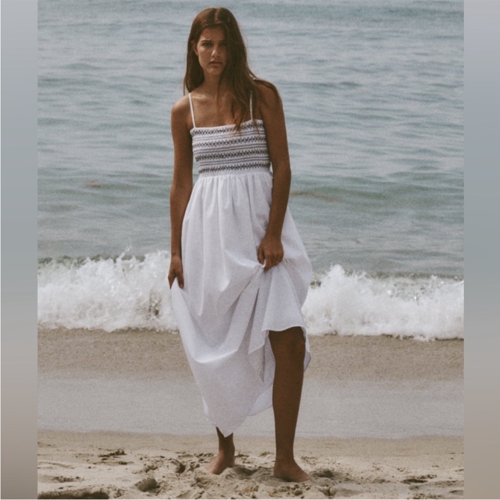Zara White Maxi Dress with Black Smocked Bodice